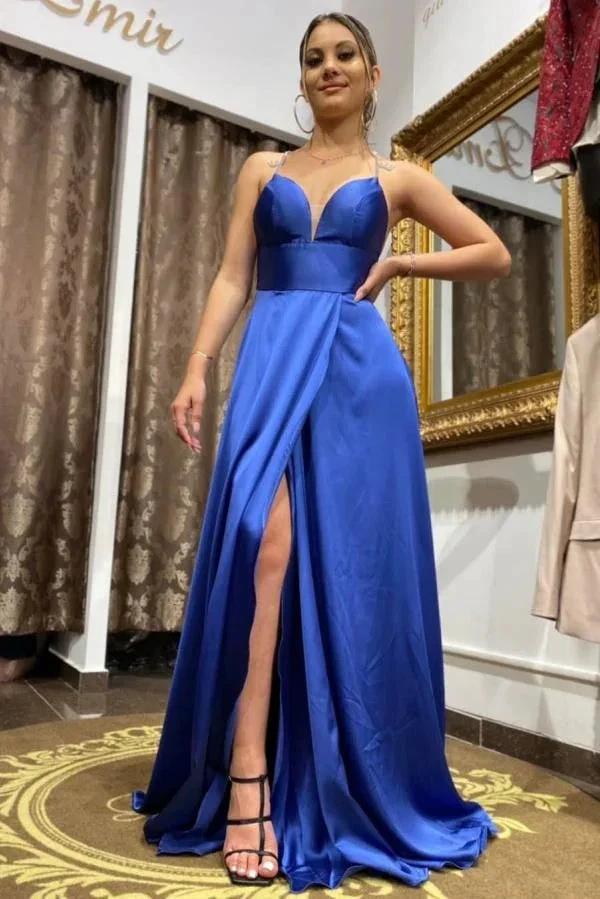 Simple Long A-line V-neck Satin Backless Prom Dress with slit by BIZTUNNEL
