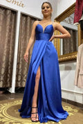 Simple Long A-line V-neck Satin Backless Prom Dress with slit by BIZTUNNEL
