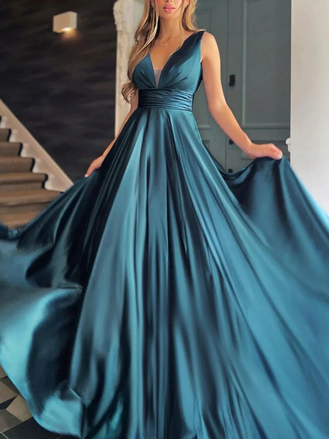 Simple Long A-line V-neck Satin Prom Dress White Formal Graduation Evening Dresses with Pockets by BIZTUNNEL