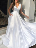Simple Long A-line V-neck Satin Prom Dress White Formal Graduation Evening Dresses with Pockets by BIZTUNNEL