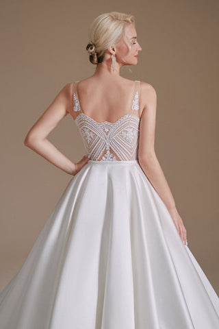 Simple Long A-line V-neck Satin Wedding Dress with Appliques Lace