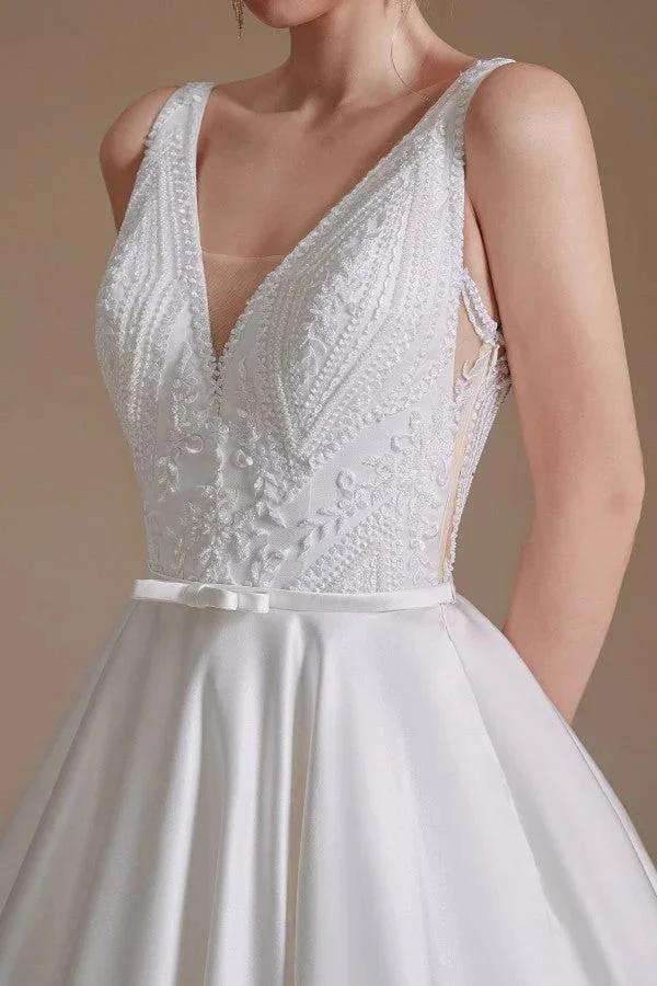 Simple Long A-line V-neck Satin Wedding Dress with Appliques Lace by BIZTUNNEL