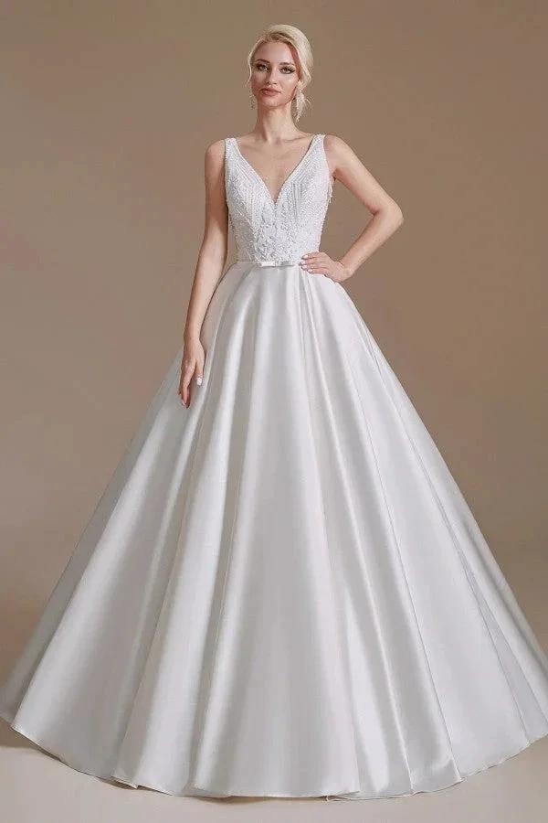 Simple Long A-line V-neck Satin Wedding Dress with Appliques Lace by BIZTUNNEL