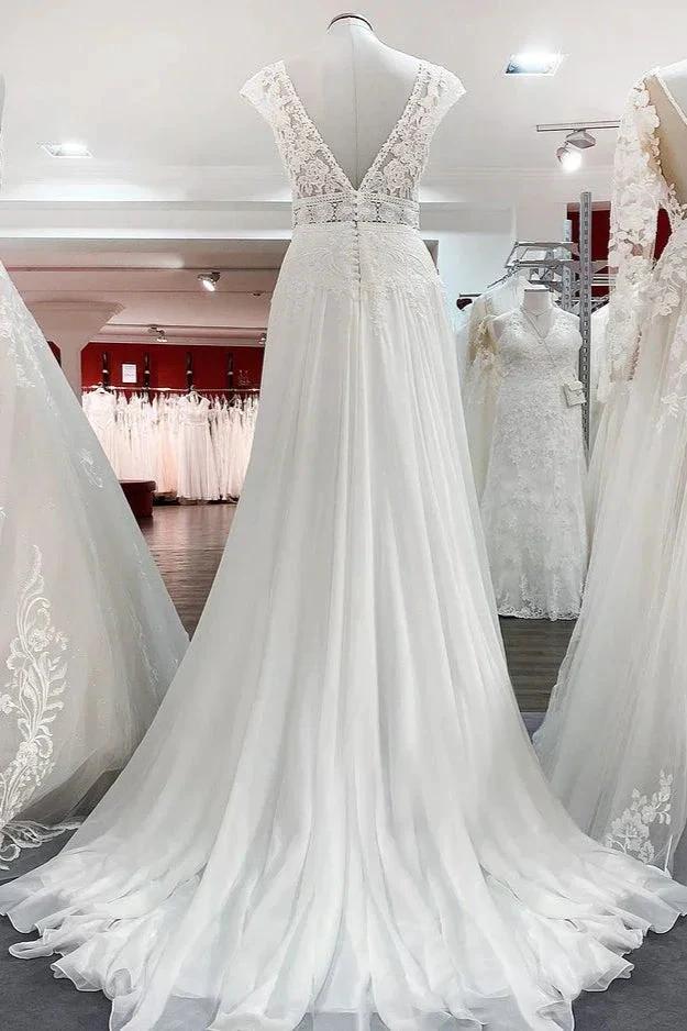Simple Long A-line V-neck Tulle Appliques Lace Wedding Dress by BIZTUNNEL