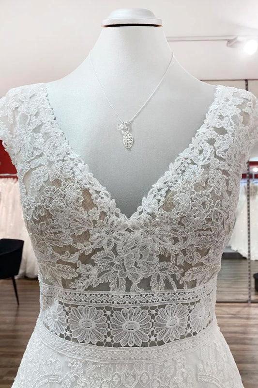 Simple Long A-line V-neck Tulle Appliques Lace Wedding Dress by BIZTUNNEL