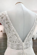 Simple Long A-line V-neck Tulle Appliques Lace Wedding Dress by BIZTUNNEL