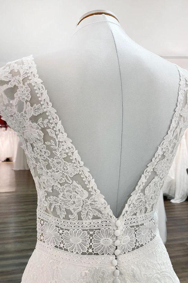 Simple Long A-line V-neck Tulle Appliques Lace Wedding Dress by BIZTUNNEL