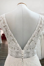 Simple Long A-line V-neck Tulle Appliques Lace Wedding Dress by BIZTUNNEL