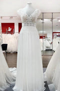 Simple Long A-line V-neck Tulle Appliques Lace Wedding Dress by BIZTUNNEL