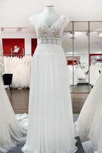 Simple Long A-line V-neck Tulle Appliques Lace Wedding Dress by BIZTUNNEL