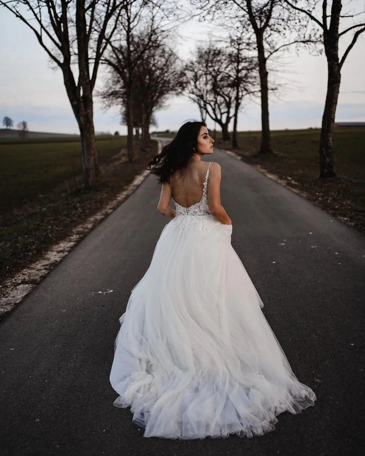 Simple Long A-line V-neck Tulle Backless Wedding Dress by BIZTUNNEL