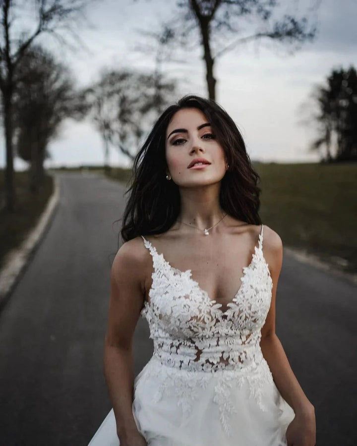 Simple Long A-line V-neck Tulle Backless Wedding Dress by BIZTUNNEL