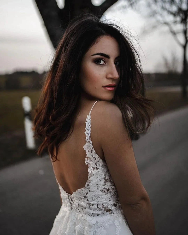 Simple Long A-line V-neck Tulle Backless Wedding Dress by BIZTUNNEL