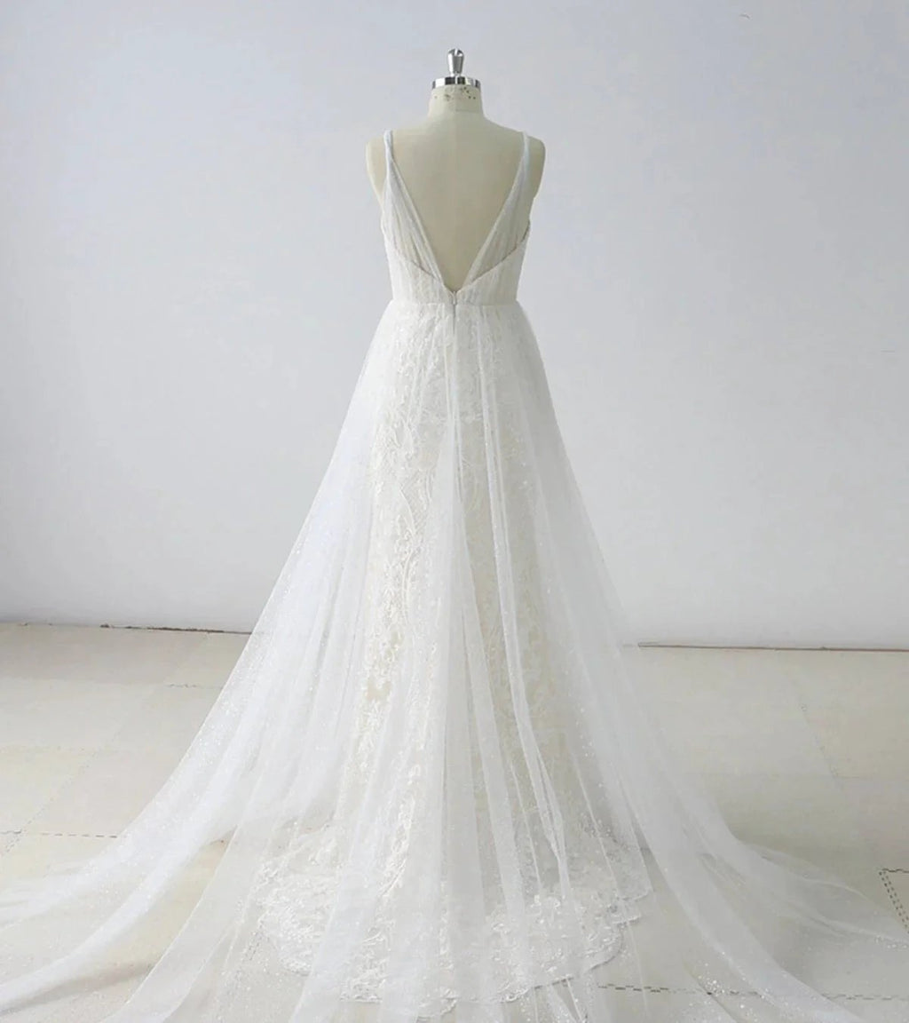 Simple Long A-line V Neck Tulle Wedding Dress by BIZTUNNEL