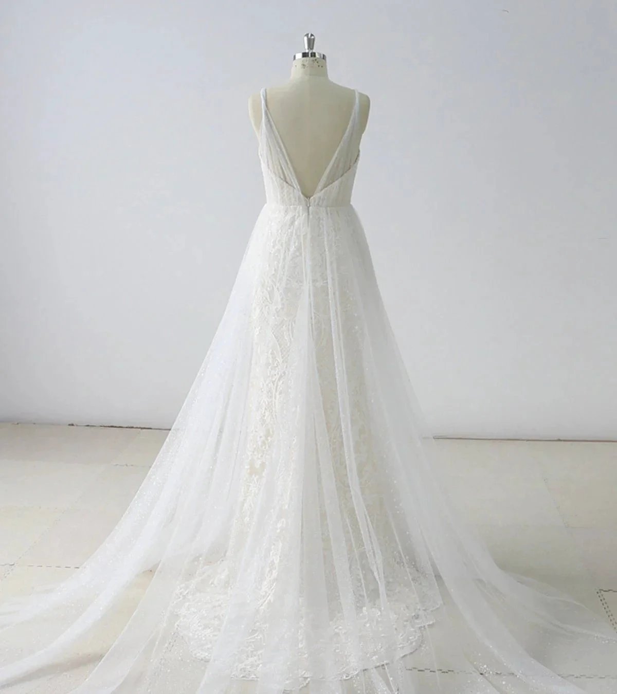 Simple Long A-line V Neck Tulle Wedding Dress by BIZTUNNEL