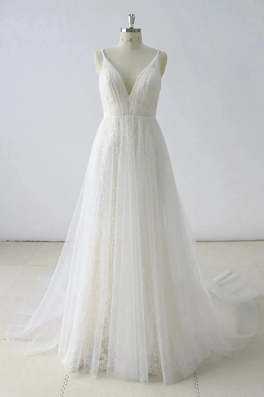 Simple Long A-line V Neck Tulle Wedding Dress by BIZTUNNEL