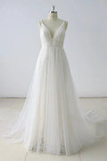 Simple Long A-line V Neck Tulle Wedding Dress by BIZTUNNEL