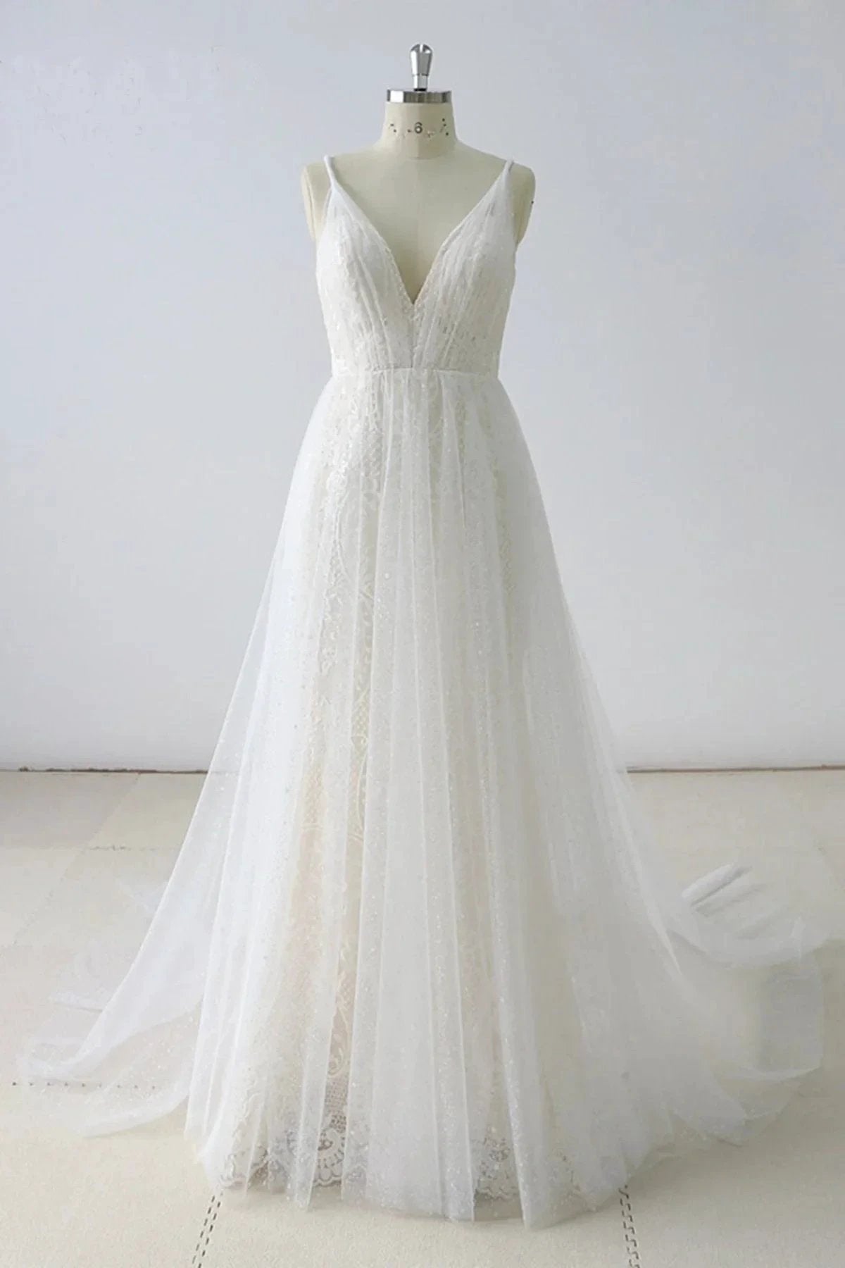 Simple Long A-line V Neck Tulle Wedding Dress by BIZTUNNEL