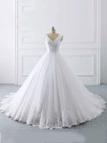 Simple Long Ball Gown V-Neck Lace-Up Tulle Wedding Dresses by BIZTUNNEL