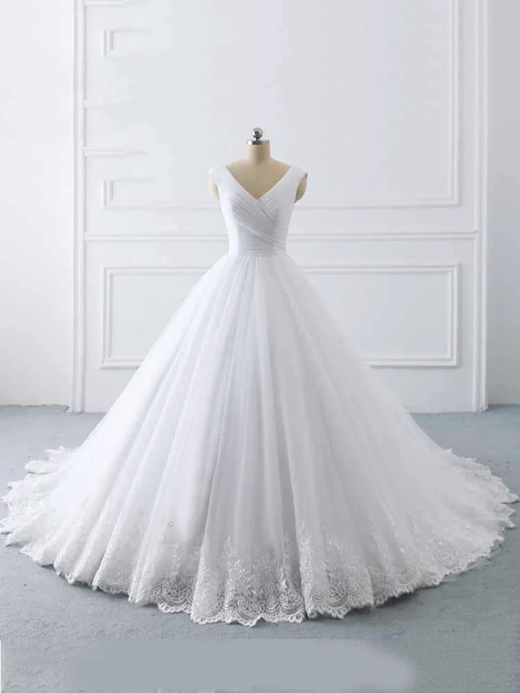 Simple Long Ball Gown V-Neck Lace-Up Tulle Wedding Dresses by BIZTUNNEL