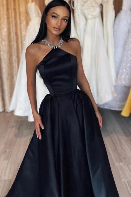 Simple Long Black A-line Halter Satin Sleeveless Prom Dress by misshow.com