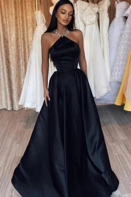 Simple Long Black A-line Halter Satin Sleeveless Prom Dress by misshow.com