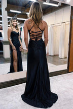 Simple Long Black Mermaid Spaghetti Straps Sequined Sleeveless Prom Dress With Slit by misshow.com