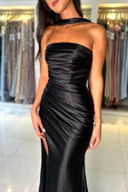 Simple Long Black Mermaid Strapless Satin Prom Dress with Slit by misshow.com