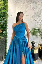 Simple Long Blue A-line One Shoulder Sleeveless Evening Dresses With Slit by misshow.com