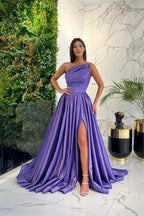 Simple Long Blue A-line One Shoulder Sleeveless Evening Dresses With Slit by misshow.com
