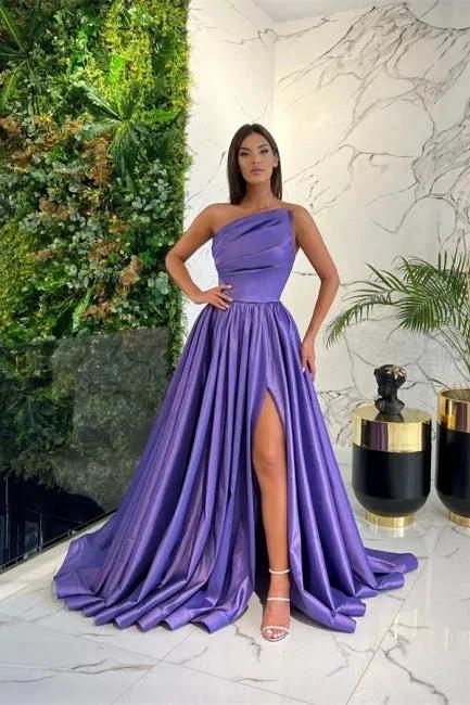 Simple Long Blue A-line One Shoulder Sleeveless Evening Dresses With Slit by misshow.com