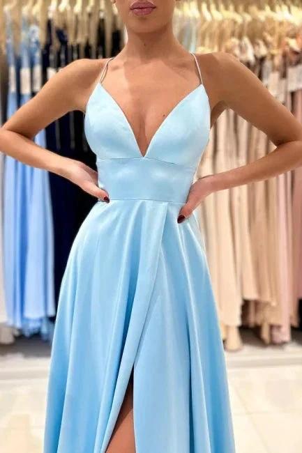 Simple Long Blue A-line V-neck Sleeveless Satin Evening Dress With Slit by misshow.com
