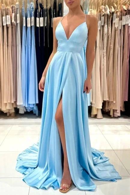 Simple Long Blue A-line V-neck Sleeveless Satin Evening Dress With Slit by misshow.com