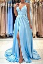 Simple Long Blue A-line V-neck Sleeveless Satin Evening Dress With Slit by misshow.com