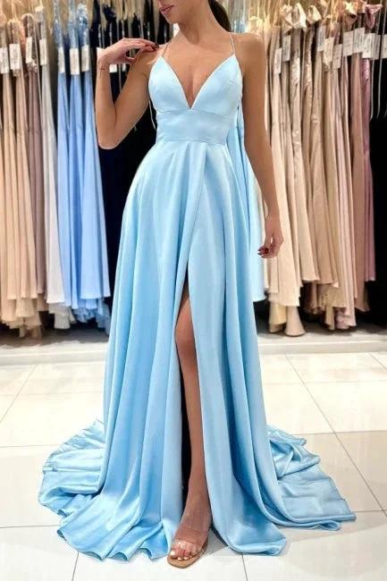 Simple Long Blue A-line V-neck Sleeveless Satin Evening Dress With Slit by misshow.com