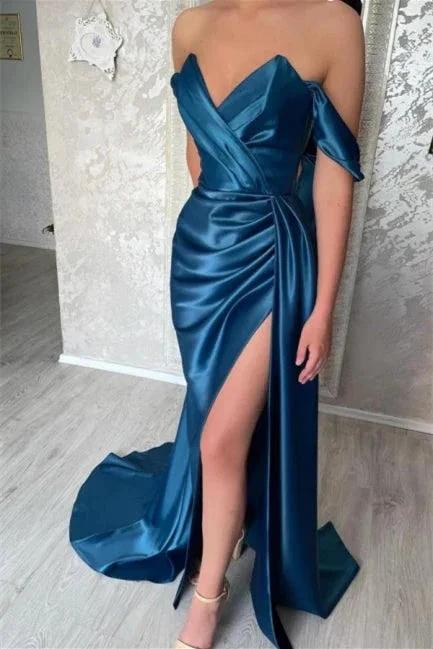 Simple Long Blue Off-the-shoulder Prom Dress With Slit by misshow.com