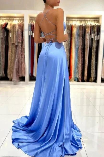 Simple Long Blue V-neck Spaghetti Straps Satin Evening Dresses With Slit by misshow.com