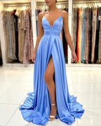 Simple Long Blue V-neck Spaghetti Straps Satin Evening Dresses With Slit by misshow.com