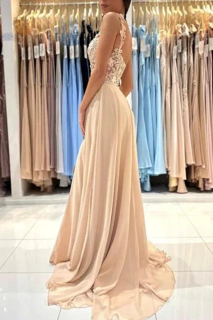 Simple Long Champagne A-line Lace Sleeveless Evening Dresses With Slit by misshow.com