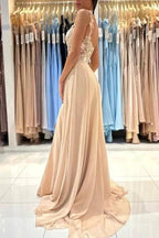 Simple Long Champagne A-line Lace Sleeveless Evening Dresses With Slit by misshow.com