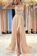 Simple Long Champagne A-line Lace Sleeveless Evening Dresses With Slit by misshow.com