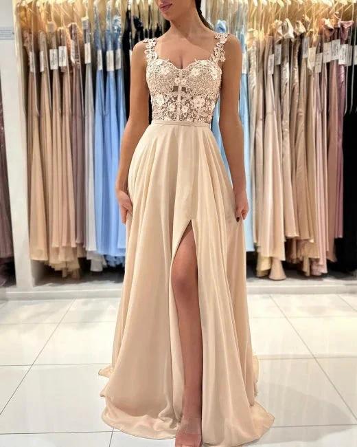 Simple Long Champagne A-line Lace Sleeveless Evening Dresses With Slit by misshow.com