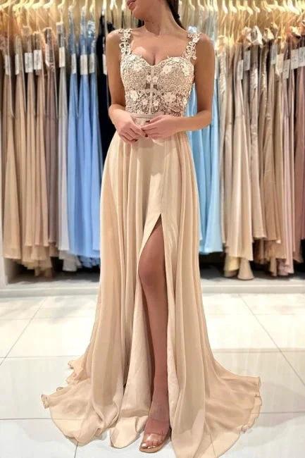 Simple Long Champagne A-line Lace Sleeveless Evening Dresses With Slit by misshow.com