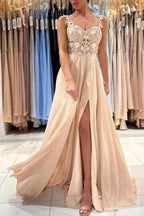 Simple Long Champagne A-line Lace Sleeveless Evening Dresses With Slit by misshow.com