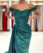 Simple Long Dark Green Off-the-shoulder Slit Mermaid Prom Dresses by misshow.com