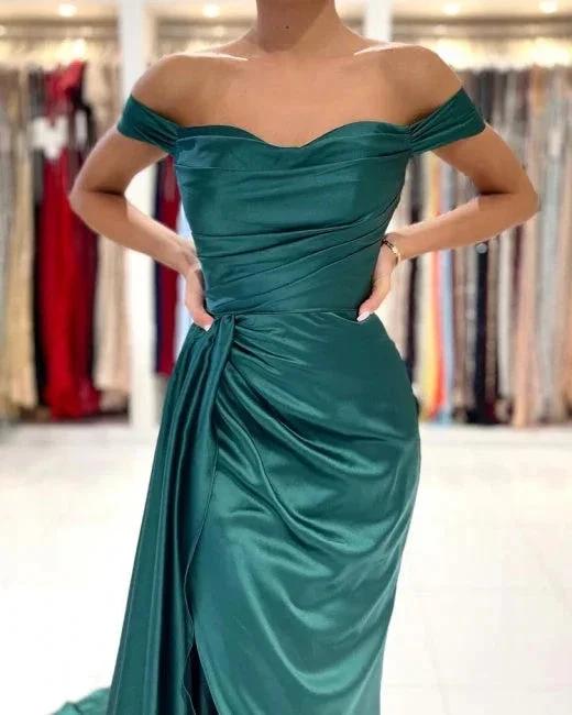 Simple Long Dark Green Off-the-shoulder Slit Mermaid Prom Dresses by misshow.com