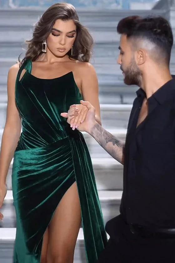 Simple Long Dark Green Sexy Velvet Sleeveless Prom Dress With Slit by misshow.com