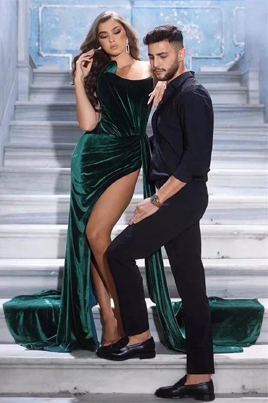 Simple Long Dark Green Sexy Velvet Sleeveless Prom Dress With Slit by misshow.com