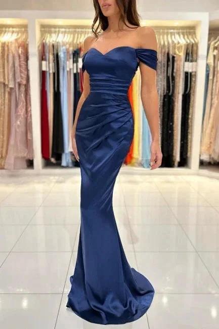 Simple Long Dark Navy Off-the-shoulder Sleeveless Mermaid Evening Dresses by misshow.com
