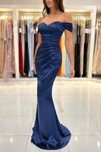 Simple Long Dark Navy Off-the-shoulder Sleeveless Mermaid Evening Dresses by misshow.com